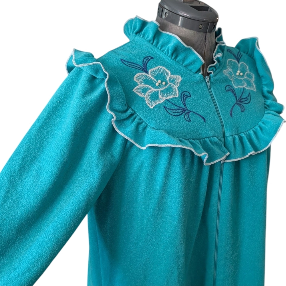 60s 70s Vintage‎ Womens Long Teal Blue Maxi House Coat Ruffle Pearls